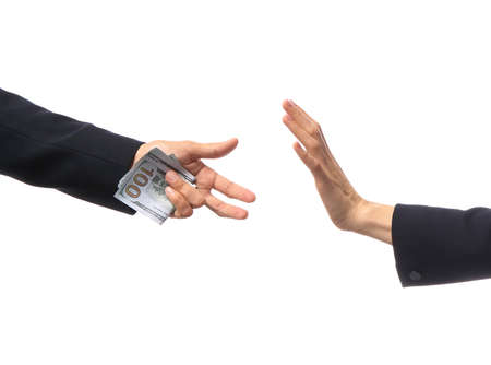 Businesswoman refusing to take bribe from man on white background