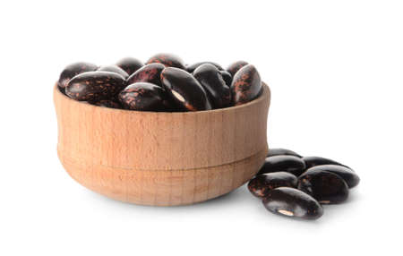 Bowl with raw beans on white background