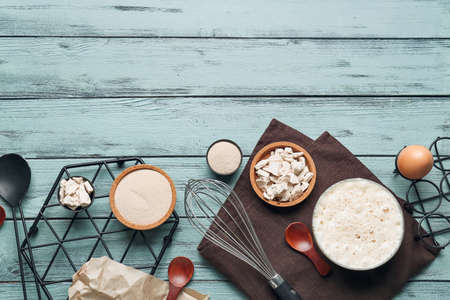 Composition with yeast on color wooden backgroundの写真素材