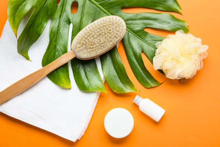 Bath supplies and massage brush on color background