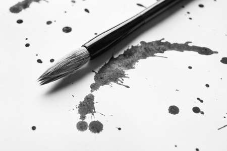 Ink spots and brush for calligraphy on white paperの写真素材