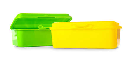 Plastic lunch boxes on white background