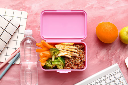 Lunch box with tasty food and school stationery on color background
