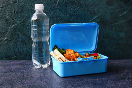 Lunch box with tasty food on dark backgroundの写真素材
