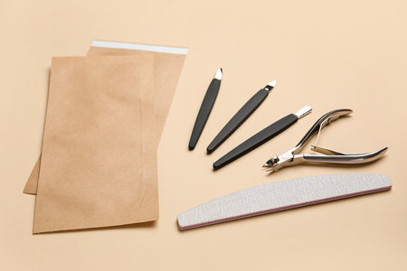Manicure equipment on color backgroundの写真素材