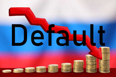 Coins, red arrow and word DEFAULT against flag of Russia