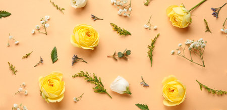 Composition with many beautiful flowers and leaves on color backgroundの写真素材