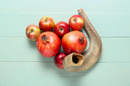 Fruits and shofar on wooden background. Rosh hashanah (Jewish New Year) celebrationの写真素材