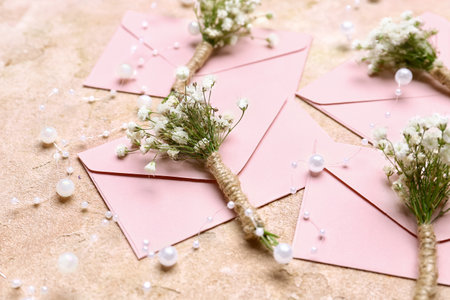 Beautiful gypsophila boutonnieres and wedding invitations on color background, closeup