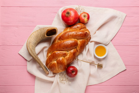 Composition for Rosh hashanah (Jewish New Year) celebration on color wooden backgroundの写真素材