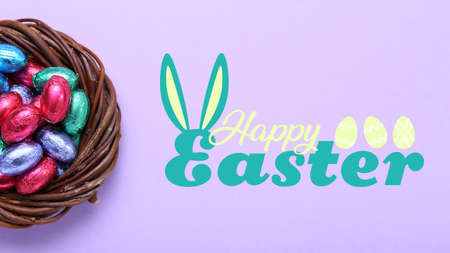 Beautiful Easter greeting card with nest of colorful chocolate eggs