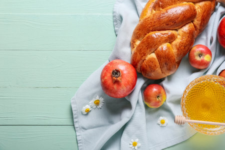 Honey with fruits and challah on wooden background. Rosh hashanah (Jewish New Year) celebrationの写真素材