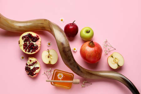 Symbols of Rosh hashanah (Jewish New Year) on color backgroundの写真素材