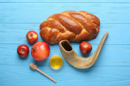 Composition for Rosh hashanah (Jewish New Year) celebration on color wooden backgroundの写真素材