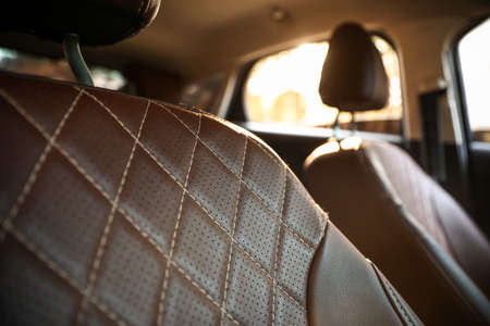 Brown leather seat in modern car, closeupの写真素材