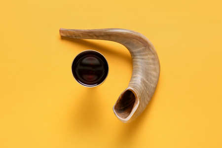 Sacramental goblet of wine and shofar on color background. Rosh hashanah (Jewish New Year) celebrationの写真素材
