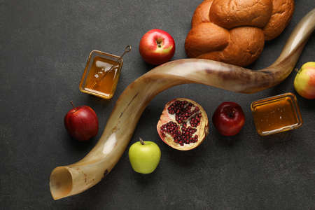 Symbols of Rosh hashanah (Jewish New Year) on dark backgroundの写真素材