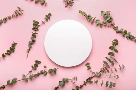 Blank card and fresh eucalyptus branches on pink backgroundの写真素材