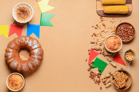 Traditional food for Festa Junina (June Festival) on color backgroundの写真素材