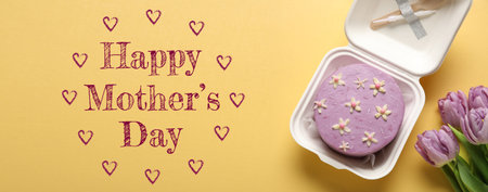 Greeting card for Mother's Day with tasty bento cake and flowers on color background