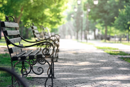 Beautiful bench in city park on spring dayの写真素材