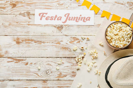 Composition for Festa Junina (June Festival) on wooden backgroundの写真素材