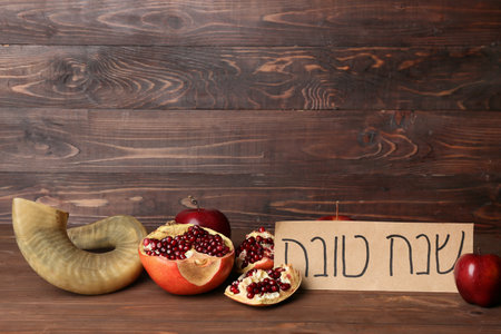 Composition for Rosh hashanah (Jewish New Year) celebration on wooden backgroundの写真素材