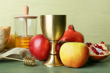 Composition for Rosh hashanah (Jewish New Year) celebration on color wooden backgroundの写真素材