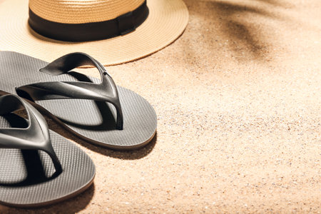 Stylish hat and flip-flops on sandの写真素材