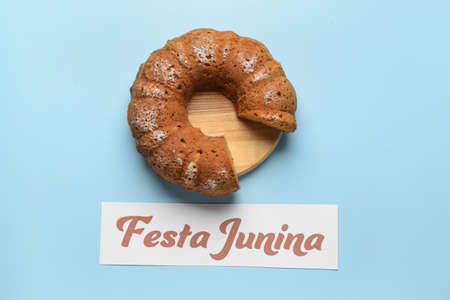 Traditional corn cake for Festa Junina (June Festival) on color backgroundの写真素材