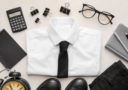 Composition with stylish school uniform, eyeglasses and stationery on light background, closeupの写真素材