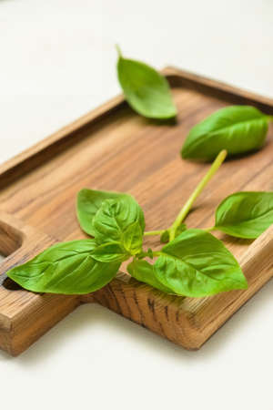 Board with fresh basil on light background, closeupの写真素材