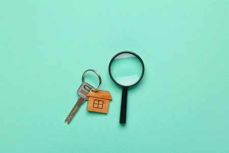 Key from house with magnifier on blue backgroundの写真素材