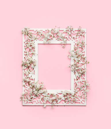 Beautiful gypsophila flowers and blank frame on color backgroundの写真素材