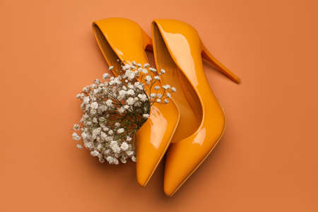 Beautiful gypsophila flowers and female shoes on color backgroundの写真素材
