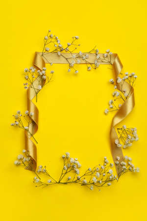 Frame made of beautiful gypsophila flowers on color backgroundの写真素材