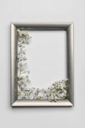 Beautiful gypsophila flowers and blank frame on white background
