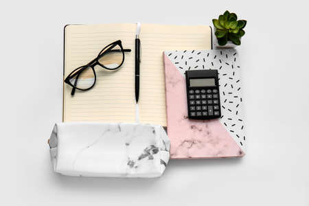 Pencil case, eyeglasses and stationery on white background