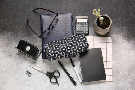 Stylish pencil case with stationery and eyeglasses on black and white background