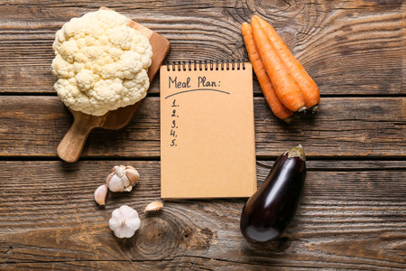 Meal plan with healthy products on wooden backgroundの写真素材