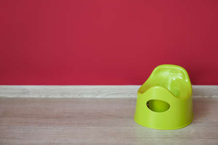 Potty on gray wooden floor near color wallの写真素材