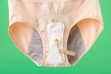 Period panties, pad and chamomile flowers on green background, closeupの写真素材