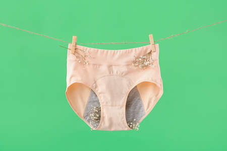Period panties and gypsophila flowers hanging on rope against green backgroundの写真素材
