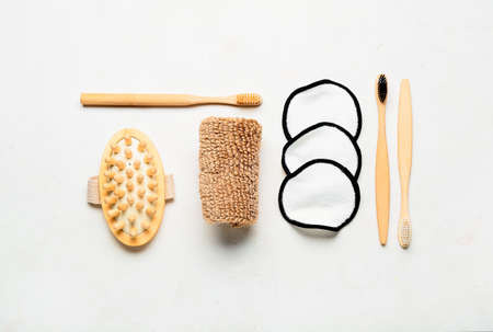 Composition with bath supplies with reusable makeup pads on light backgroundの写真素材