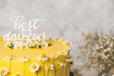 Stand with delicious wedding cake and text BEST DAY EVER, closeupの写真素材