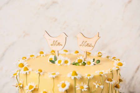 Delicious wedding cake with wooden birds and text MR. Mrs. on light background, close up