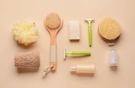 Composition with safety razors and bath supplies on color backgroundの写真素材