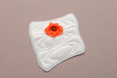 Menstrual pads and poppy flower on color backgroundの写真素材
