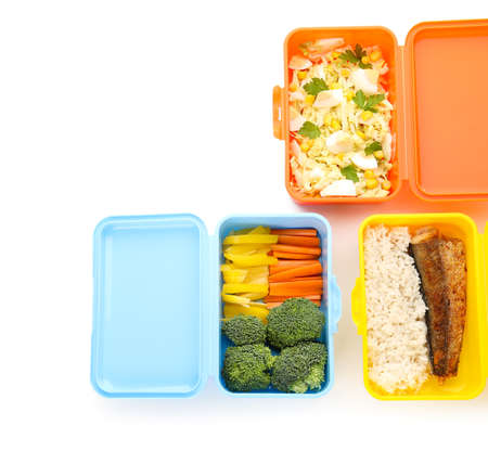Different plastic containers with tasty and healthy food on white background, closeup