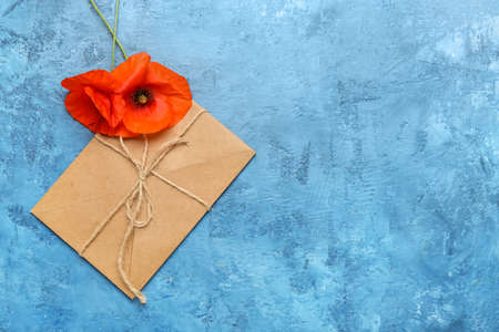 Beautiful red poppy flowers and envelope on color background